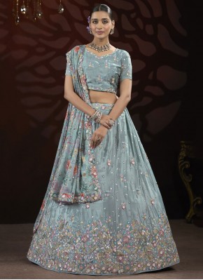 Fashionable Embroidered Net Aqua Blue Designer Lehenga Choli