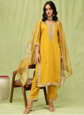 Fashionable Silk Embroidered Mustard Readymade Salwar Kameez