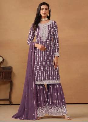 Faux Georgette Embroidered Salwar Kameez in Purple