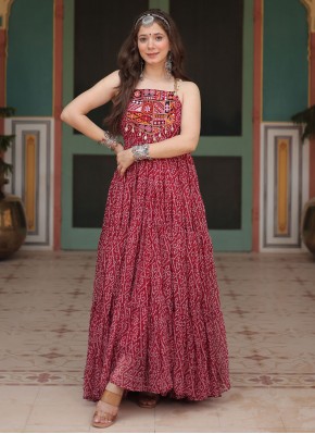 Faux Georgette Print Maroon Trendy Gown