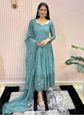 Faux Georgette Readymade Anarkali Salwar Suit in Blue and Rama