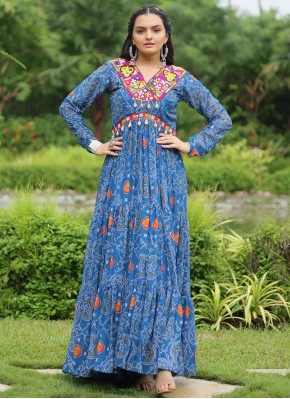 Faux Georgette Readymade Gown in Blue