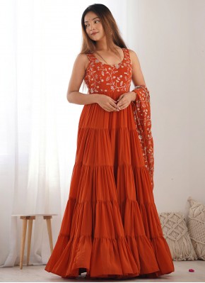 Faux Georgette Rust Embroidered Long Length Layered Salwar Suit