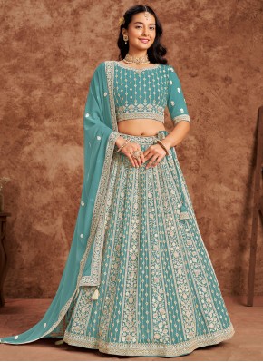 Faux Georgette Sequins Blue Designer Lehenga Choli