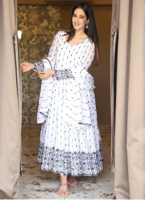 Faux Georgette White Embroidered Readymade Anarkali Salwar Suit