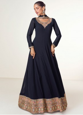 Festal Embroidered Navy Blue Designer Gown