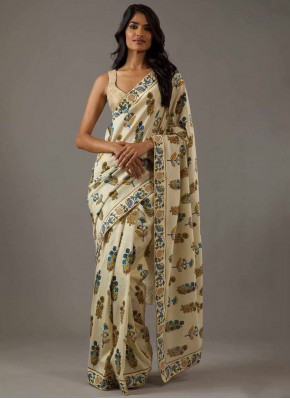 Festal Pure Crepe Beige Printed Trendy Saree