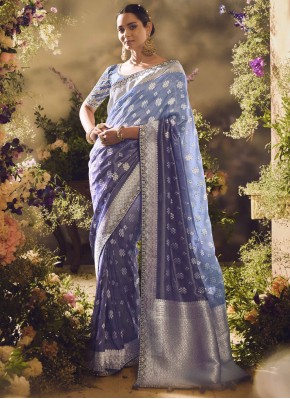 Festal Silk Blue Weaving Designer Saree