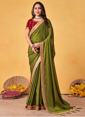 Flamboyant Silk Embroidered Green Designer Saree