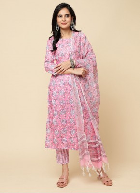 Floral Print Blended Cotton Trendy Salwar Suit in Pink