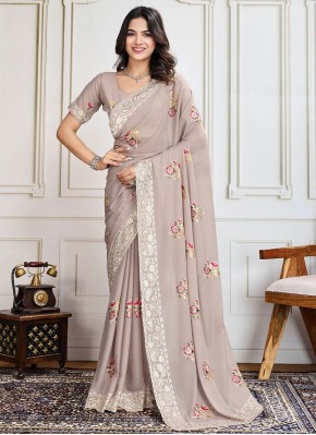 Floral Print Silk Classic Saree in Beige