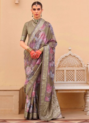 Floral Print Silk Designer Saree in Brown