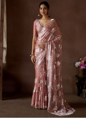 Foil Print Satin Silk Contemporary Saree in Pink a