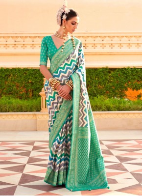 Foil Print Silk Saree in Turquoise