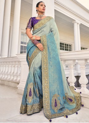 Genius Aqua Blue Weaving Crepe Jacquard Classic Saree