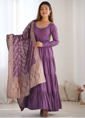 Genius Purple Plain Chanderi Silk Readymade Salwar Kameez