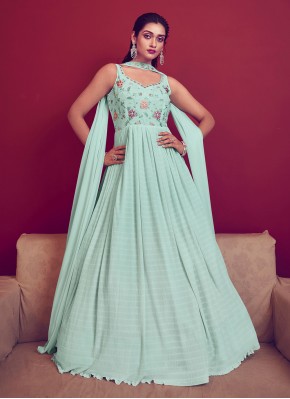 Georgette Aqua Blue Embroidered Floor Length Trendy Gown