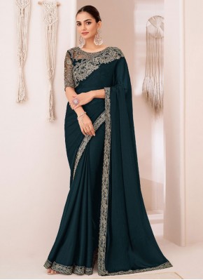 Georgette Blue and Teal Lace Classic Saree