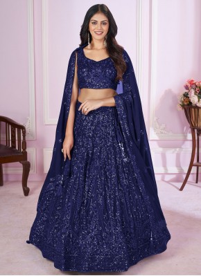 Georgette Blue Embroidered Trendy Lehenga Choli