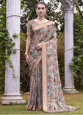 Georgette Digital Print Contemporary Saree in Brown