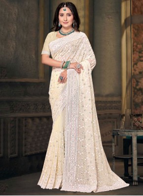 Georgette Embroidered Cream Designer Saree