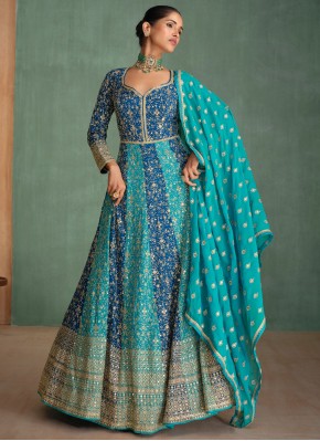 Georgette Embroidered Floor Length Gown in Navy Bl