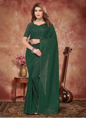 Georgette Embroidered Green Contemporary Style Sar