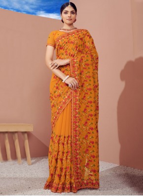 Georgette Embroidered Mustard Contemporary Saree