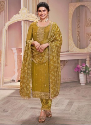 Georgette Embroidered Pant Style Suit in Mustard