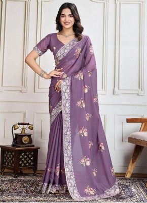 Georgette Floral Print Designer Saree in Lavender