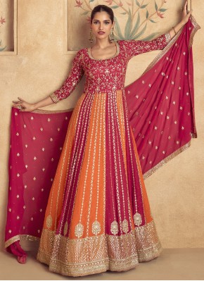 Georgette Orange and Red Embroidered Floor Length Gown