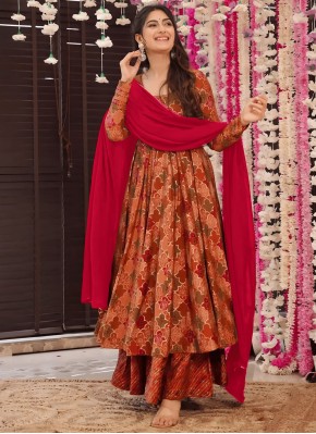 Georgette Peach and Rust Printed Designer Salwar Kameez