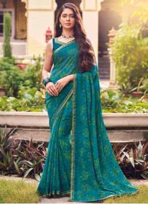 Georgette Print Classic Saree in Firozi