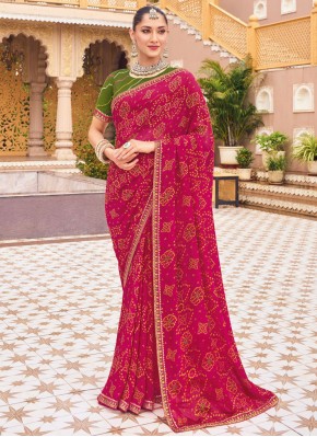 Georgette Print Classic Saree in Rani