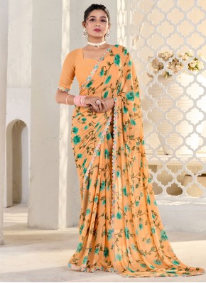 Georgette Print Trendy Saree in Cream and Orange