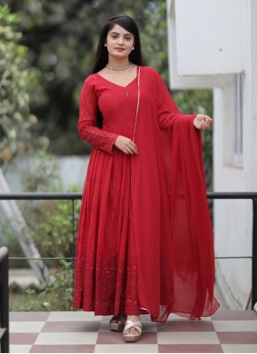 Georgette Red Embroidered Salwar Kameez