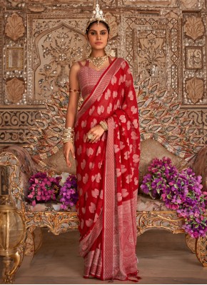 Georgette Red Weaving Designer Saree