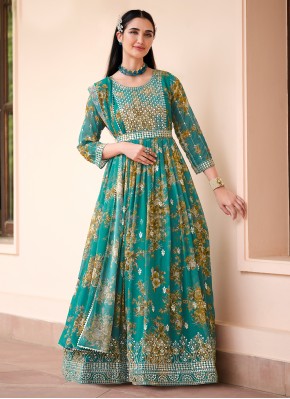 Georgette Sequins Anarkali Salwar Kameez in Aqua B