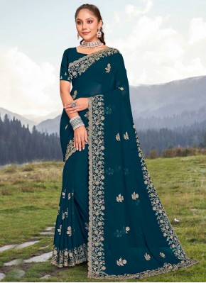 Georgette Teal Embroidered Contemporary Saree