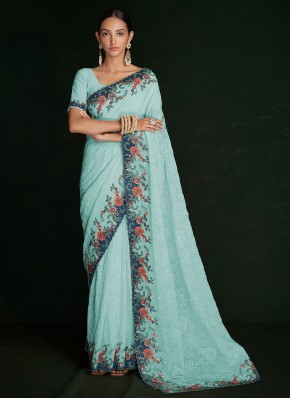 Georgette Turquoise Lucknowi work Classic Saree