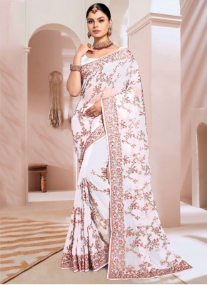 Georgette White Embroidered Contemporary Saree