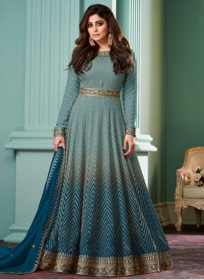 Georgette Zari Aqua Blue and Morpeach  Floor Lengt