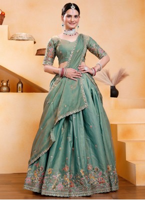 Georgette Zari Sea Green Trendy Lehenga Choli