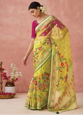 Glamorous Yellow Print Trendy Saree