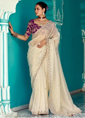 Glass Tissue Embroidered Off White Classic Saree