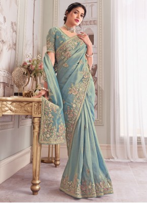 Gleaming Banarasi Silk Aqua Blue Sequins Designer Saree