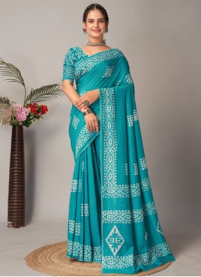 Gleaming Blue and Teal Printed Traditional Saree