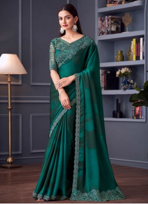 Gleaming Chiffon Green and Teal Traditional Saree