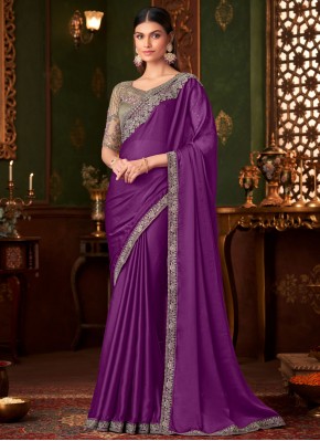 Gleaming Embroidered Purple Contemporary Saree