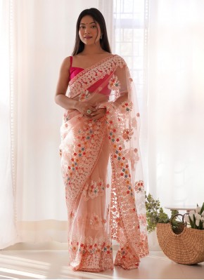 Glitzy Embroidered Peach Contemporary Saree